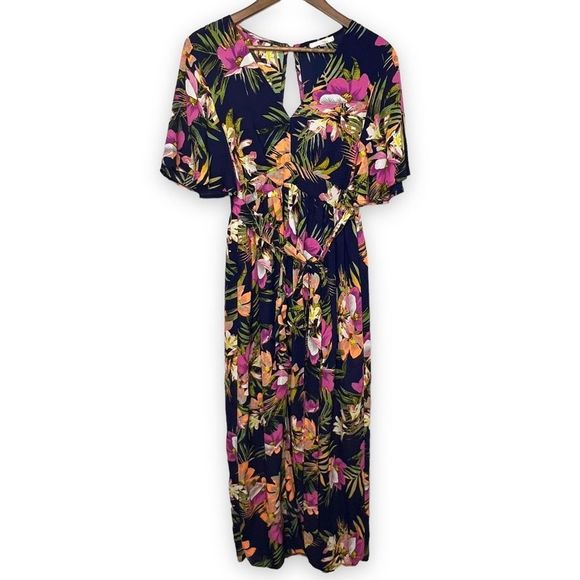 Luxxel Multicolor Tropical‎ Floral Short Sleeve Open Skirt Romper Size Small - Picture 1 of 16